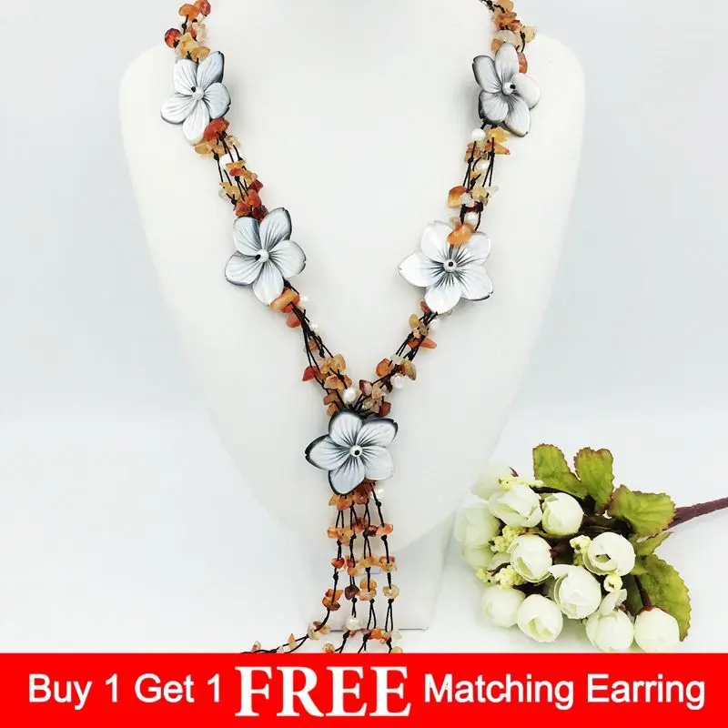 

Natural Stone Red Agate ,Shell Flowers,Freshwater Pearl with Jade Toggle Clasp Necklace approx 60cm Fashion Women Jewelry