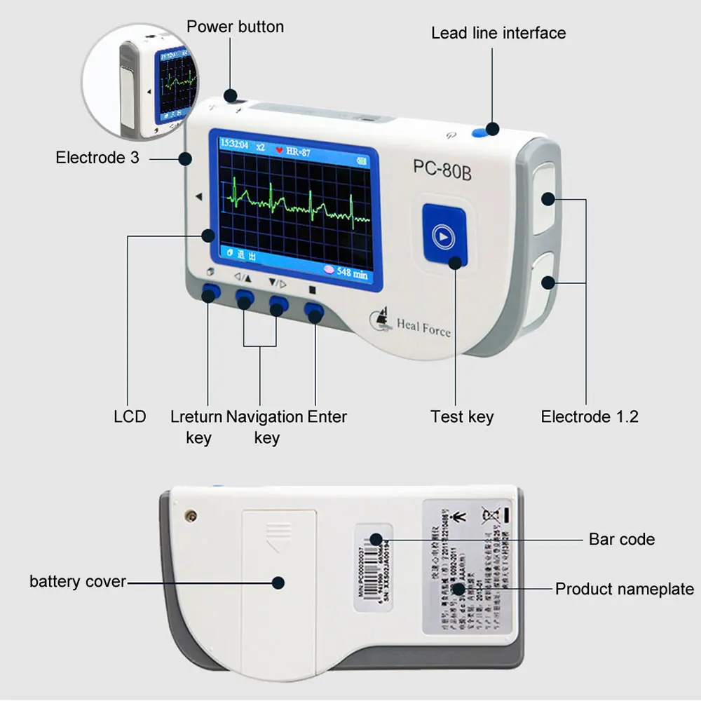 Восстанавливает силы PC-80B легкий ручной портативный ЭКГ монитор с 3-цельный кабель ЭКГ кабель, ЭКГ Электроды, программное обеспечение и USB
