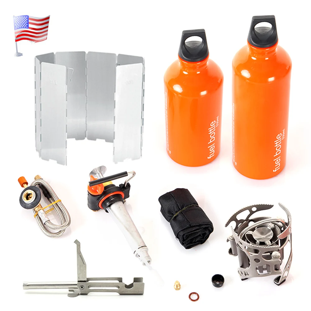

Portable Multi Fuel Outdoor Camping Gas Stove with 530ml 750ml Empty Fuel Bottles and Windshield