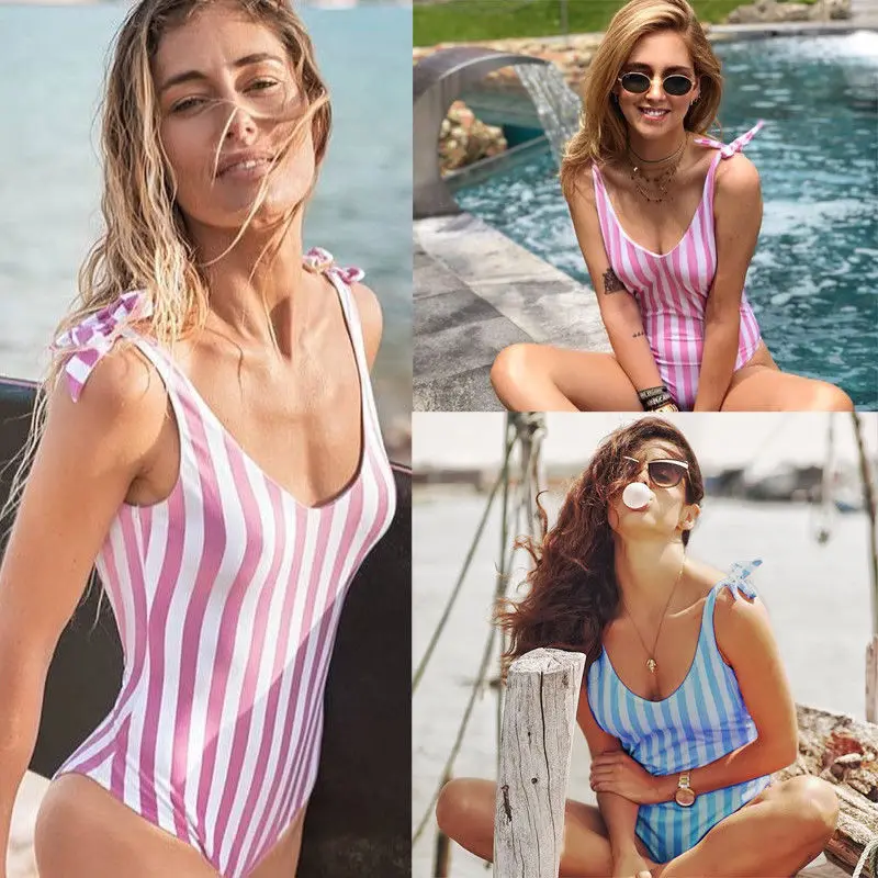 Чувственный слитный купальник Женские Купальники Полосатый Monokini пуш ап высокого