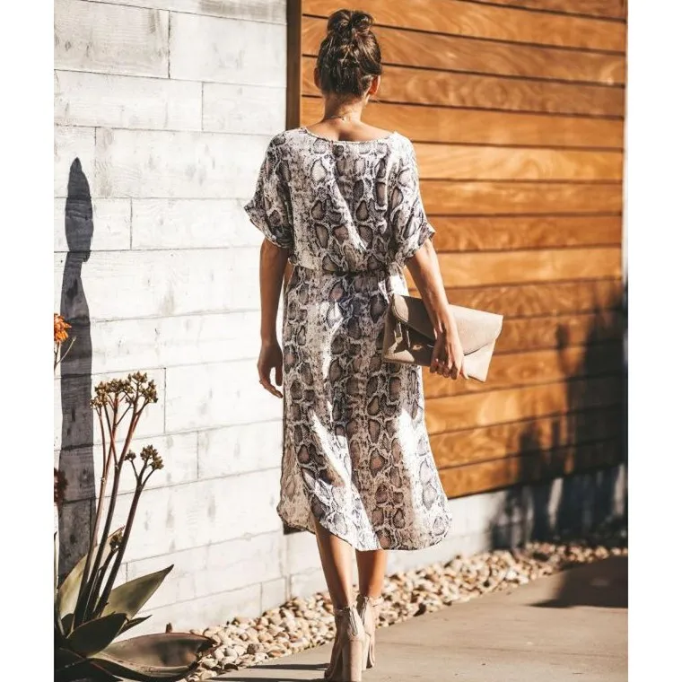 

Women 2019 Summer New Snake Print Midi Dress Fashion Split Lace Up Empire A-line Dresses Short Sleeve Casual Dress