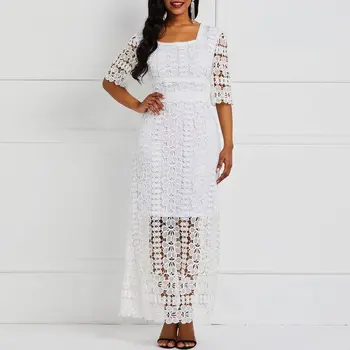 

Sexy Lace Party Long Dress Elegant Evening Women White Robe Hook Flower See Through Summer High Waist Slim Female Maxi Dresses