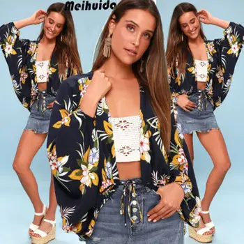 

Women NEW 2019 Boho Floral Kimono Tie Front Long Wide Sleeve Bandage Top Cover up Beach Wear
