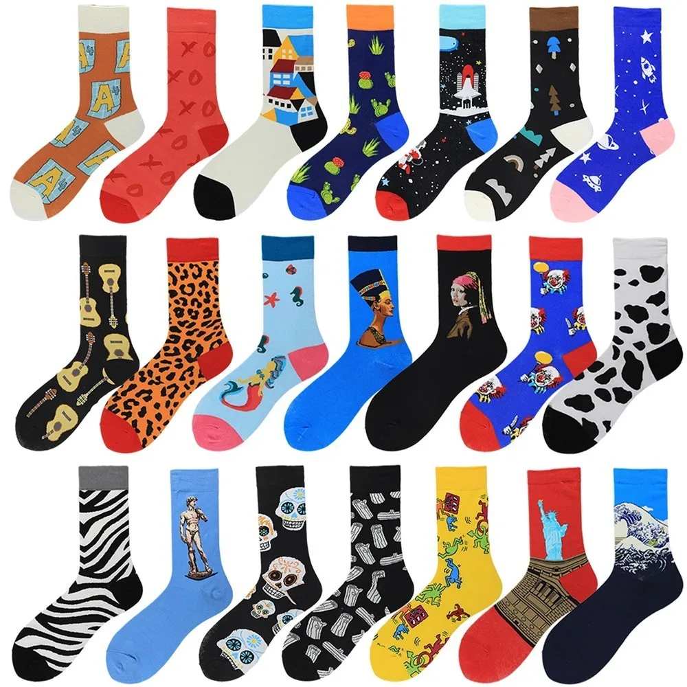 

PEONFLY 7pairs/lot New 2019 Spring Cotton Men Crew Socks Leopard Print Pattern Happy Socks Funny Casual Harajuku Novelty Sokken