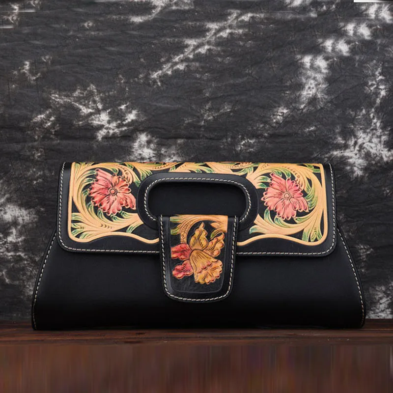 

Women Genuine Leather Crossbody Messenger Bags Top Handle Bag Flower Embossed Shoulder Tote National Style Natural Skin Handbag