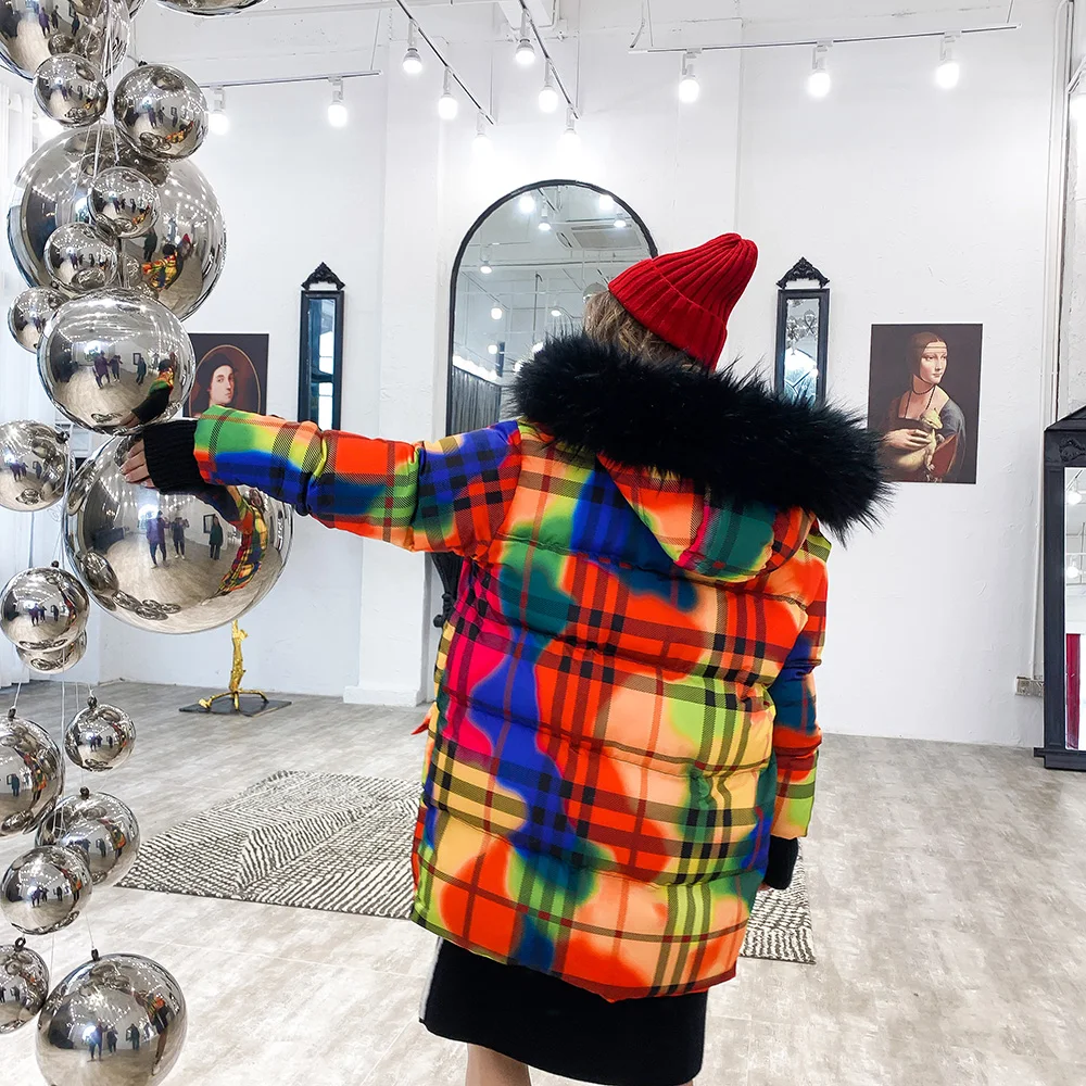 Manteau Fourrure De D'hiver Poches Chaud Avec Coloré Parkas Col Zld175 en Vefadisa Rainbows Capuchon Plaid Arc Grand À Long pain Femmes axPqFdZwF