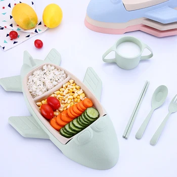 

Cartoon Airplane Tableware Set 5Pcs For Kids Child Beige Children Food Dish Cup Spoon Fork Home Cutlery Toddler Dinner Set