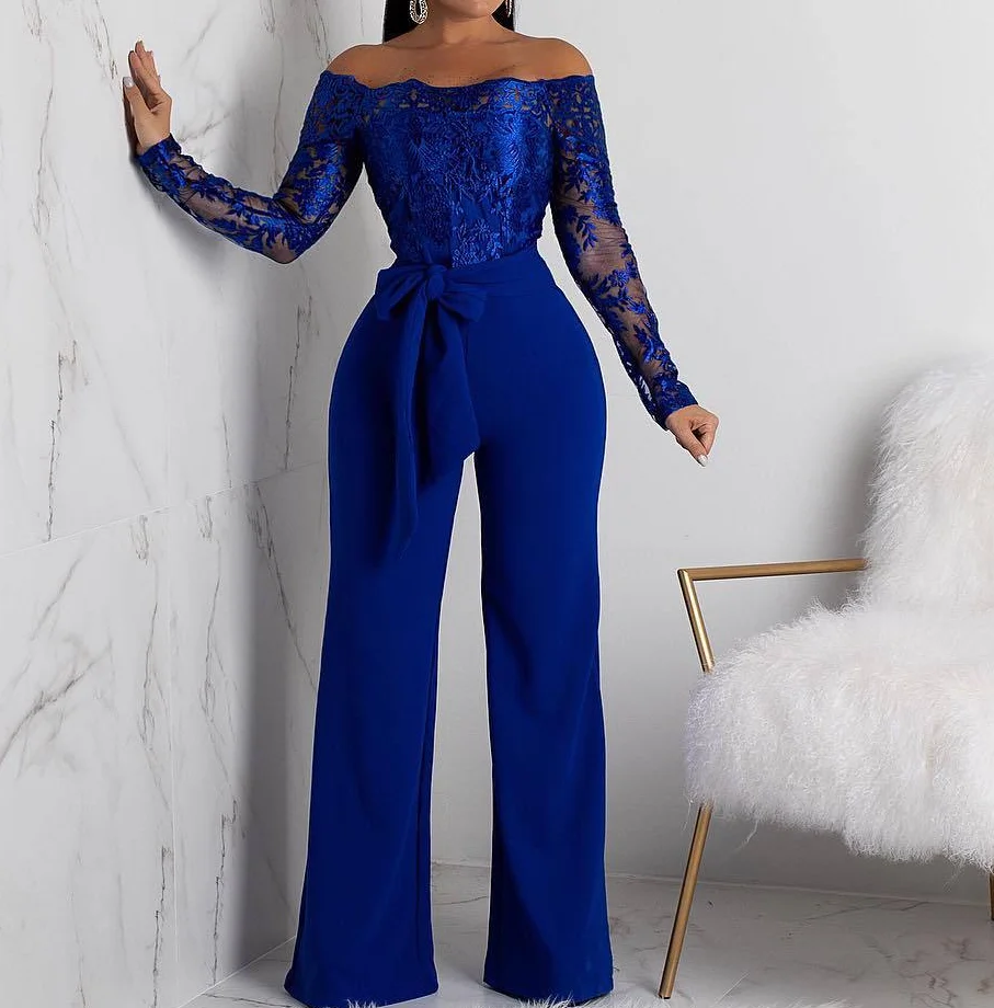 2018 Lace Women'S Off Shoulder Jumpsuit Casual Slimming Trousers Fashionable High Wrist Combinaison Wide Long Leg Pants