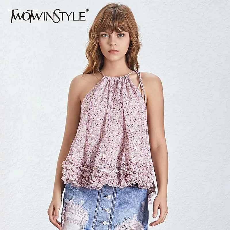 

TWOTWINSTYLE Vintage Print Ruffles Women Blouse Halter Sleeveless Off Shoulder Loose Shirt Female Summer 2019 Fashion New