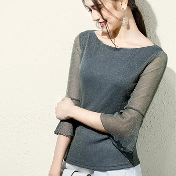 

Gauze Upper Garment Woman 2019 Suit-dress Slash Neck Silk Seven Part Sleeve Jacket Tshirt