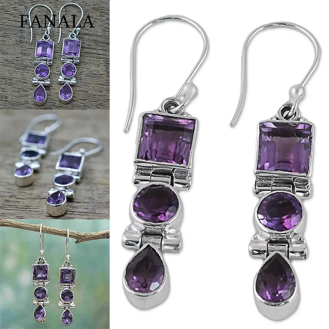 

Women Fashion Geometric Shape Plastic Gem Hook Pierced Dangle Drop Earrings Purple Casual