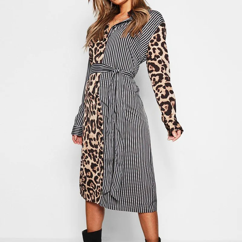

2019 Summer Dress Women Fashion Lace Up Knee Length Dress With Leopard Striped Splice Lapel Casual Dress Female Sundress Vestido