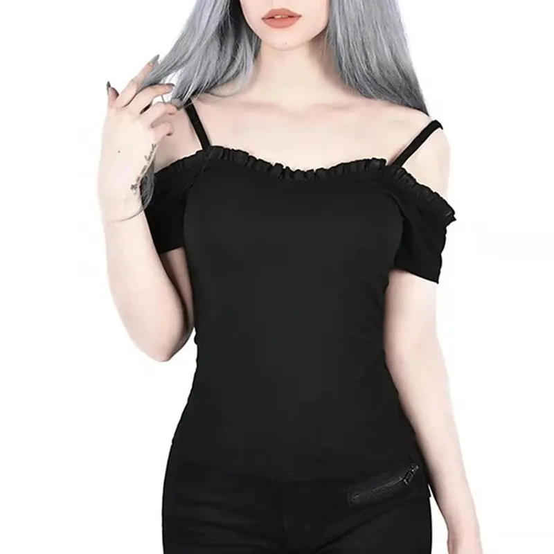 

T-shirts Sexy Women Short Tops Black Gothic Chic Slim Plain Lace Ruffles Mesh Backless Hollow Female Fashion Goth Hot Punk Top