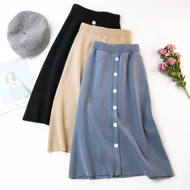 

Women Sexy Elastic Knitted Skirts Korean Elegant Solid Color High Waist Package Hip Button Skirt Female Slim Autumn Winter Saias