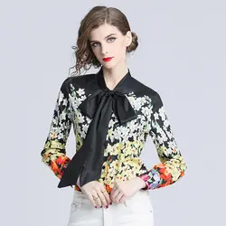 Бренд взлетно-посадочной полосы Блузка Для женщин на шнуровке Blusas Mujer De Moda 2018 Camisas Mujer цветок черный Топы женские офисные рубашка с длинными