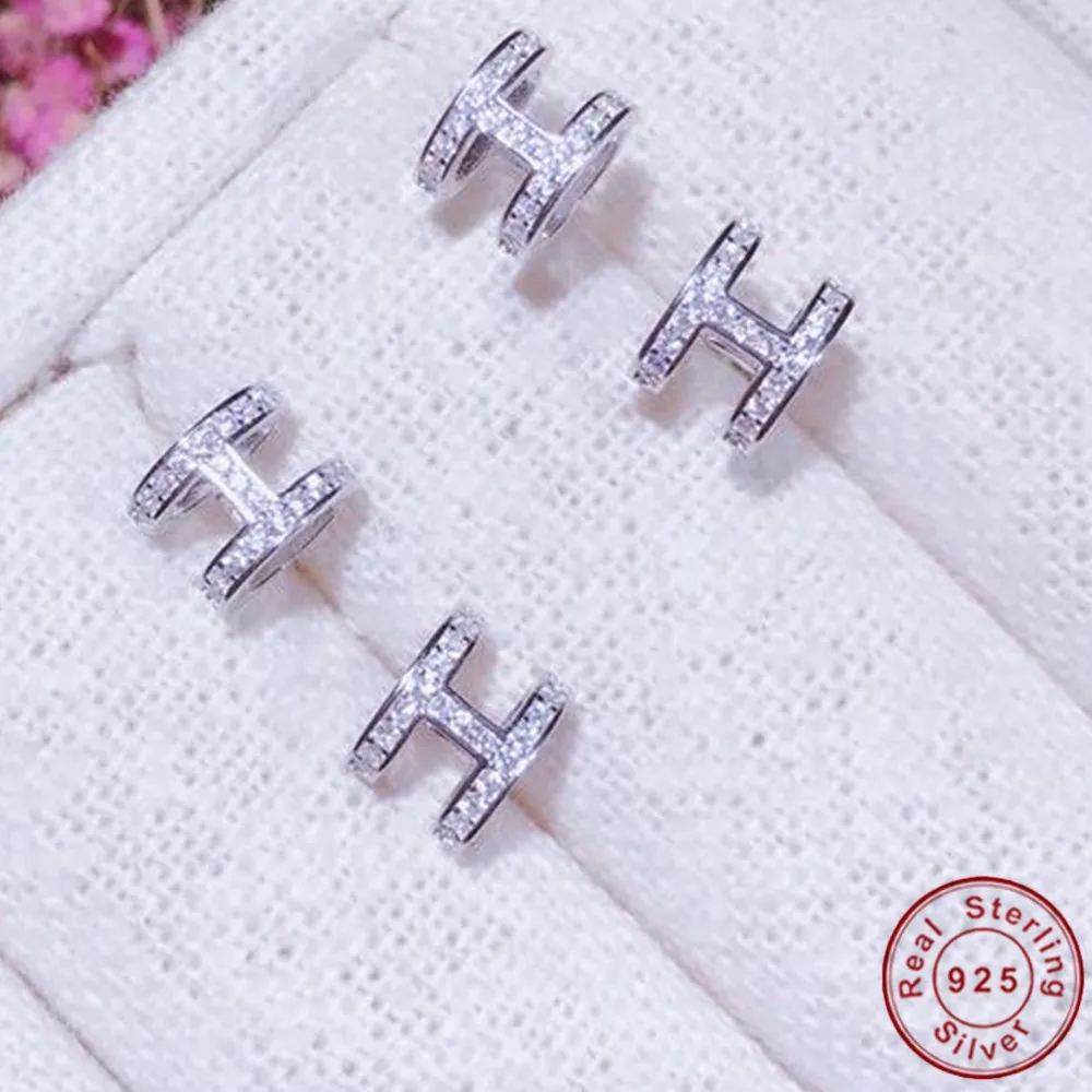 

Letter H Shapped Women 925 Sterling Silver Cubic Zirconia Stud Earrings