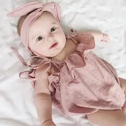 Одежда для новорожденных маленьких девочек с открытыми плечами ремень без рукавов рюшами боди лук полосатая повязка на голову 2 шт. хлопок