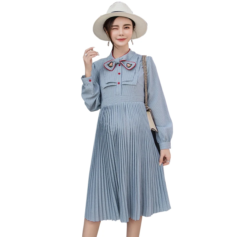 

Pengpious 2019 maternity clothes long sleeve bow collar pregnant women long loose dress striped patchwork pleated dress sweet