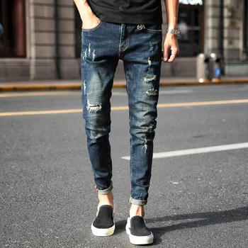 

Autumn New Jeans Men Fashion Torn Hole Biker Denim Pants Man Casual Retro Streetwear Hip Hop Cowboy Trousers Male Clothes