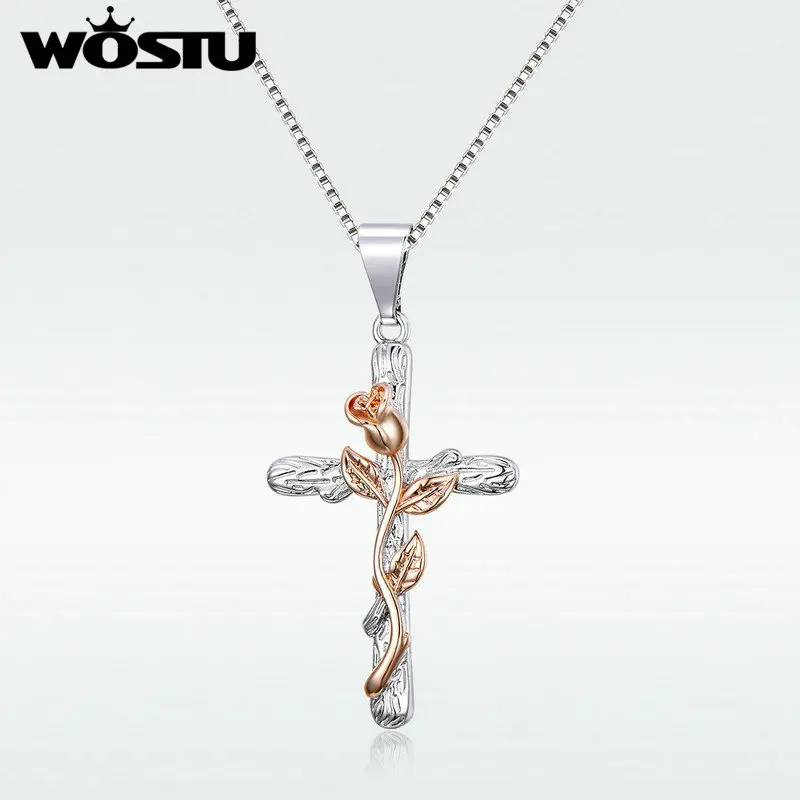 

WOSTU Luxury Natural Flower Plant Cross Pendant Chain Necklace White & Rose Gold Necklace For Women Fashion Jewelry Gift SDTN081