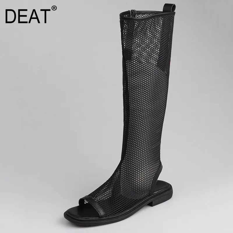 

[DEAT] 2019 New Spring Summer Round Toe Pu Leather Zipper Mesh Hollow Out Flat Single Shoes Women Long Boots Fashion Tide 10A014