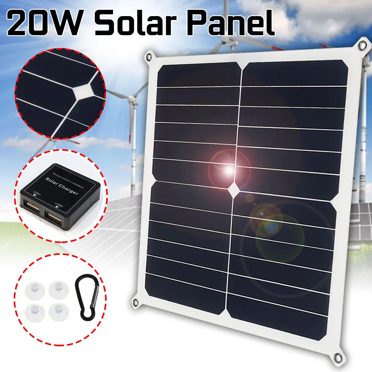 

20W Solar Panel Plate 18/12/5V Double USB Output Solar Cells Solar Charger For Car Mobile Phone Battery