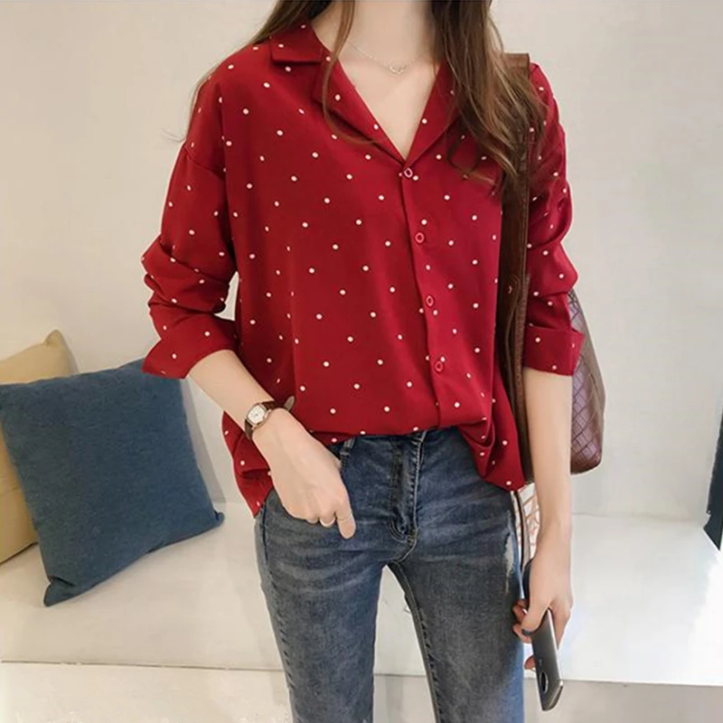 

oversized M-4XL printed polka dot chiffon shirt women long sleeve v neck casual blouse for girls 2019