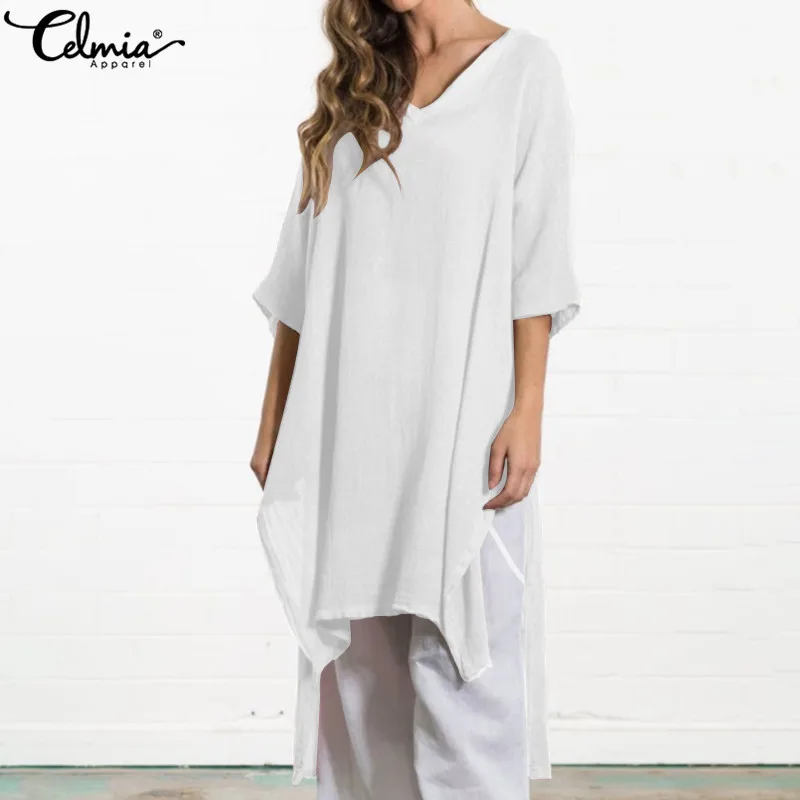 

Top Fashion Celmia 2019 Summer Women Vintage Blouses Casual V Neck Long Shirts Female Clothing Tunic Tops Blusas Femininas S-5XL