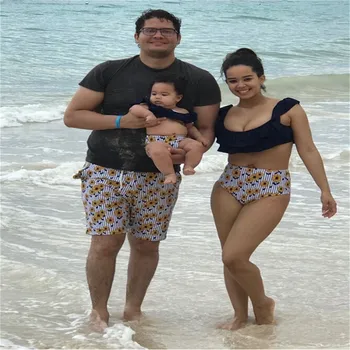 

Family Matching Swimsuits Mother Daughter Dad Son Swimwear Women Girls Solid Blue Bikini Set Man Boys Flower Stripe Beach Pants