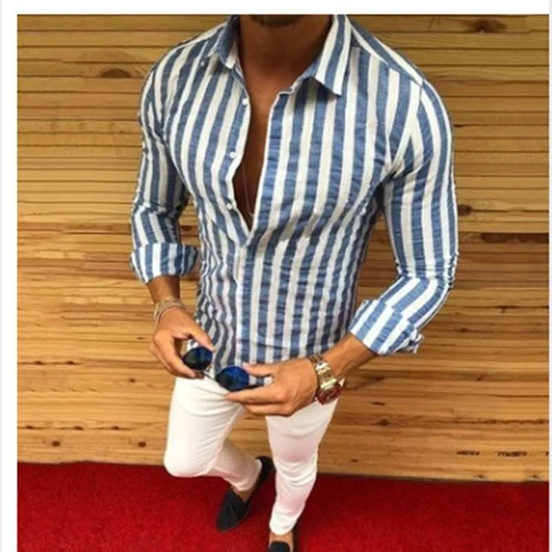 Moomphya 2019 New Stylish Printed stripes men shirt Classical modis long sleeve shirt men Streetwear striped camisa masculina