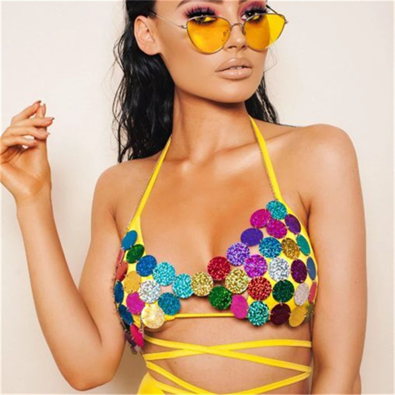 

2019 Women Swimsuit Bikini Tops Swimming Bra Separately Swimsuit Summer Beachwear Sequined Bathing Suit
