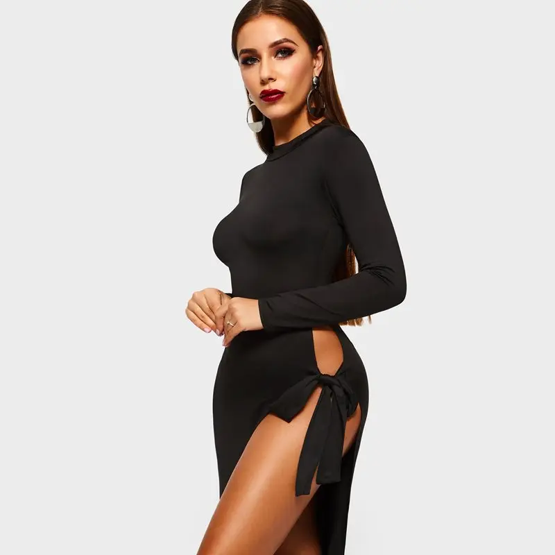

Women Sexy Dress Spring New Casual Solid Black Simple Elegant Ladies Fashion Party Club Wear Lace Up High Split Bodycon Dresses