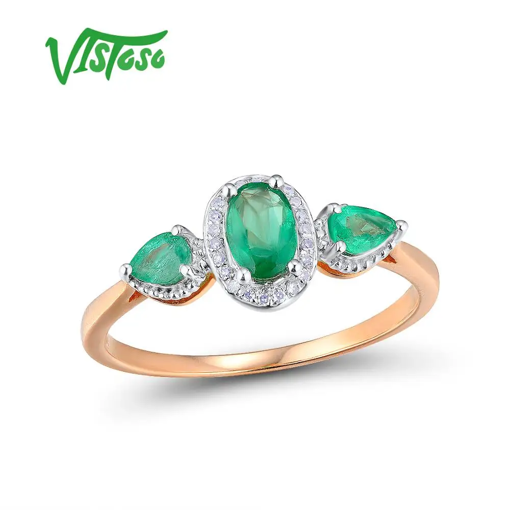 VISTOSO, золотые кольца для женщин, настоящее кольцо из розового золота 14 к 585 пробы, магический изумруд, сверкающий бриллиант, обручальное, юбилейное, хорошее ювелирное изделие