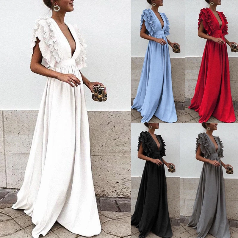 

Women Fly Sleeve Backless Plunge Layered Ruffles Detail Ruched Bridesmaid Formal Long Dresses