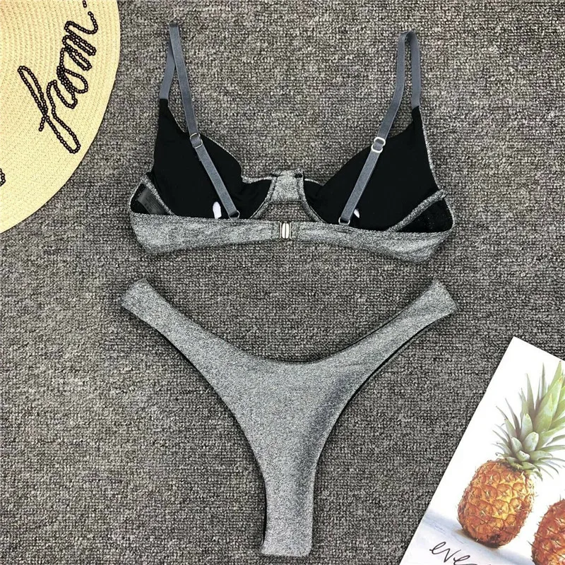 Las mujeres brillante plata trajes de baño 2019 Sujetador Bikini Vintage dividir dos piezas traje de baño bajo la cintura de baño triángulo