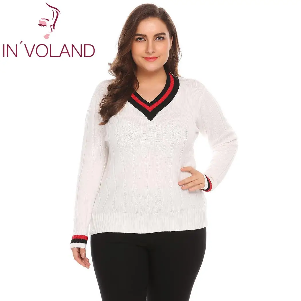 IN'VOLAND размера плюс, женский свитер, v-образный вырез, длинный рукав, пэчворк, тонкий, Повседневный, осень, весна, пуловер, топы, вязанные, женские свитера