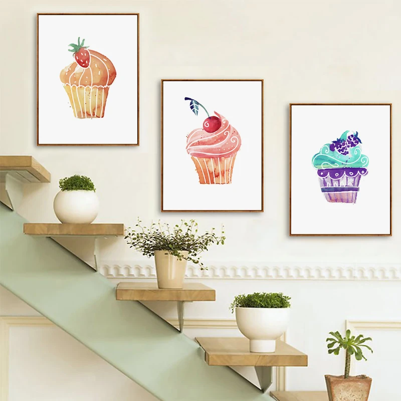 

Cupcake Wall Art Nordic Posters and Prints Cartoon Canvas Painting Wall Pictures Kids Girl Bedroom Decor Dinning Room Decoration