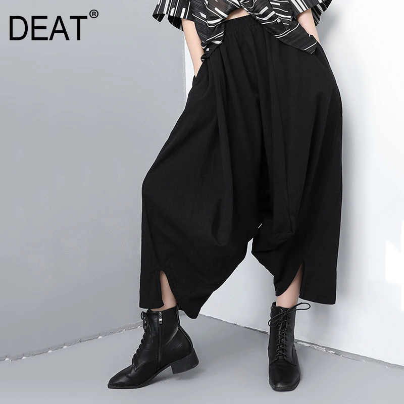 

[DEAT] 2019 New Autumn Winter High Elastic Waist Black Leisrure Irregular Loose Wide Leg Pants Women Trousers Fashion Tide JQ41