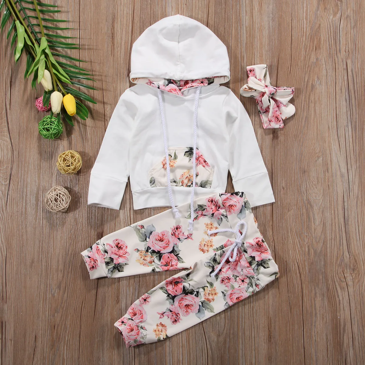 Новорожденных Одежда для детей; малышей; девочек толстовка с капюшоном HoodiesTops+ брюки с цветочным принтом брюки повязка цветок комплект одежды 0-24 м 3 шт