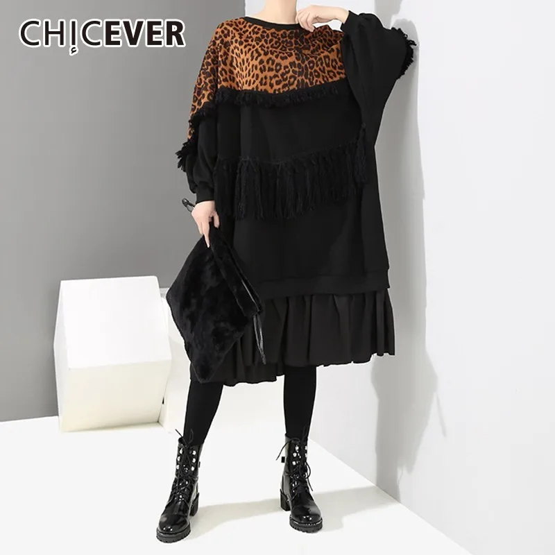 CHICEVER/осенне зимнее лоскутное леопардовое женское платье с круглым вырезом и