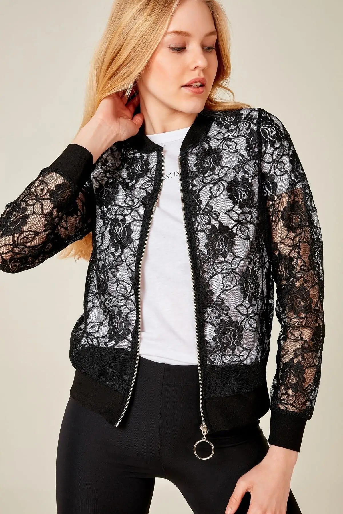 Boutiquen Women Black Zipper Lace Jacket Sn 176in Basic Jackets from