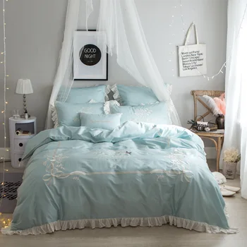 

Luxury Blue Egyptian Cotton Oriental princess Bedding set Queen King size Embroidery Decorative bed duvet cover sheet set Pillow