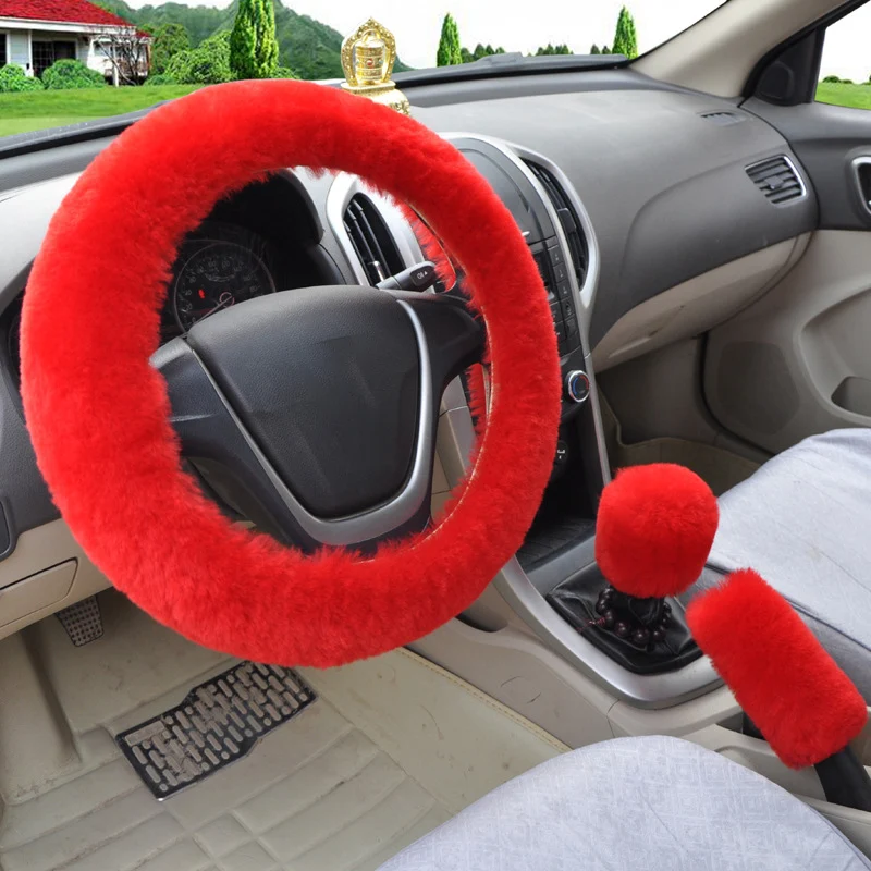 

Universal Steering-wheel Plush Car Steering Wheel Covers Winter Faux fur Hand Brake &amp Gear Cover Set Car Interior Accessories