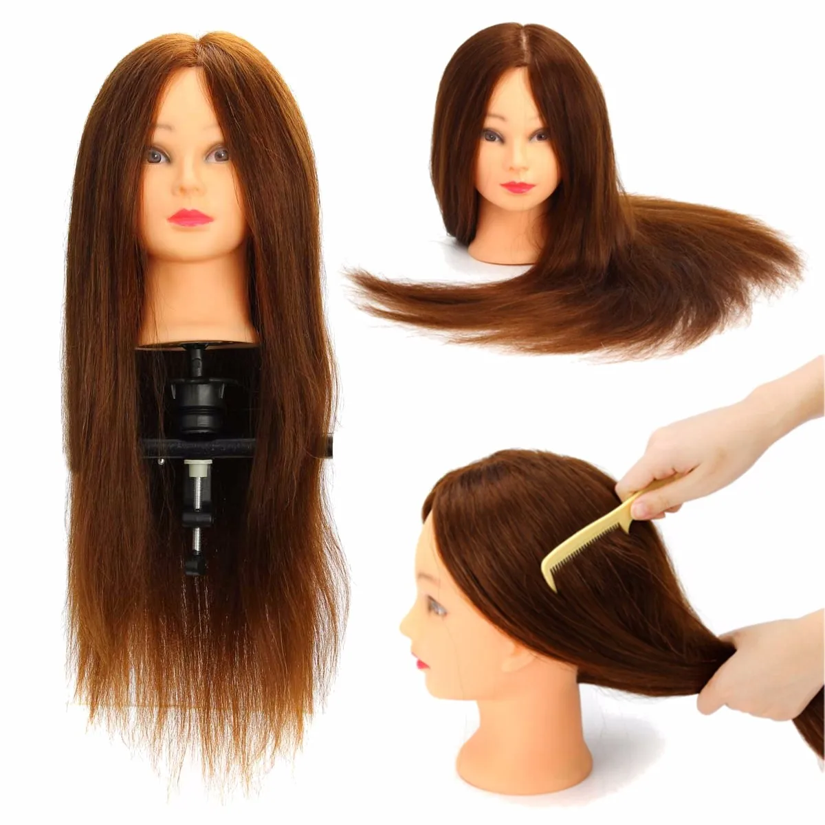 

24 Inch 100% Real Human Hair Brown Straight Hair Training Head Hairdressing Practice Training Mannequin Hair Model Doll Head