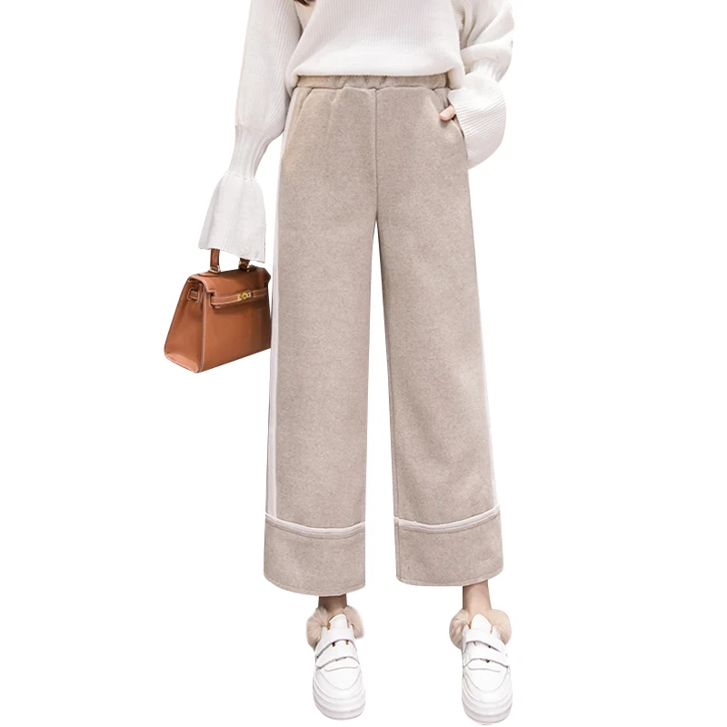 

Wool Wide Leg Pants Women's Casual Elastic High Waist Trousers Female Hit Color Side Stripe Student Warm Woolen Pantalon Femme