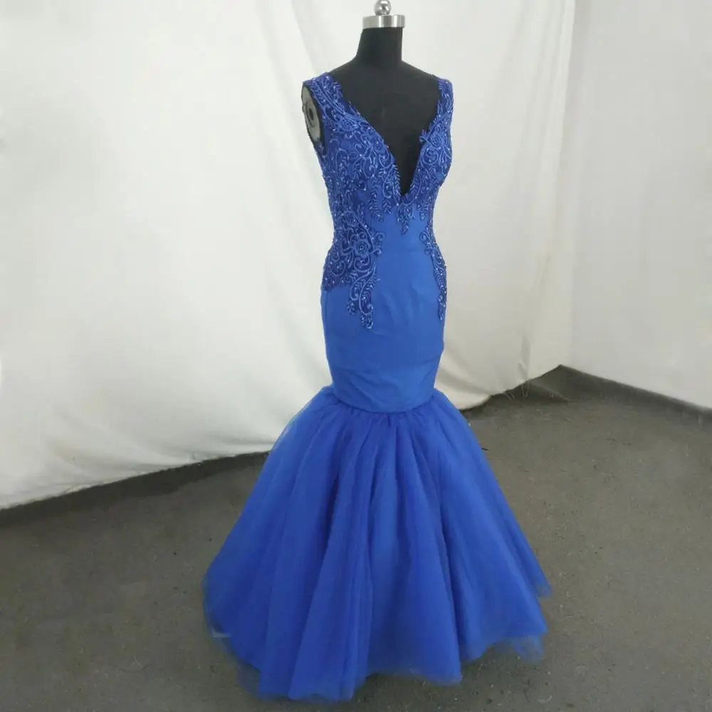 

Back Open Plunging Neckline Mermaid Blue Prom Dress Long 2019