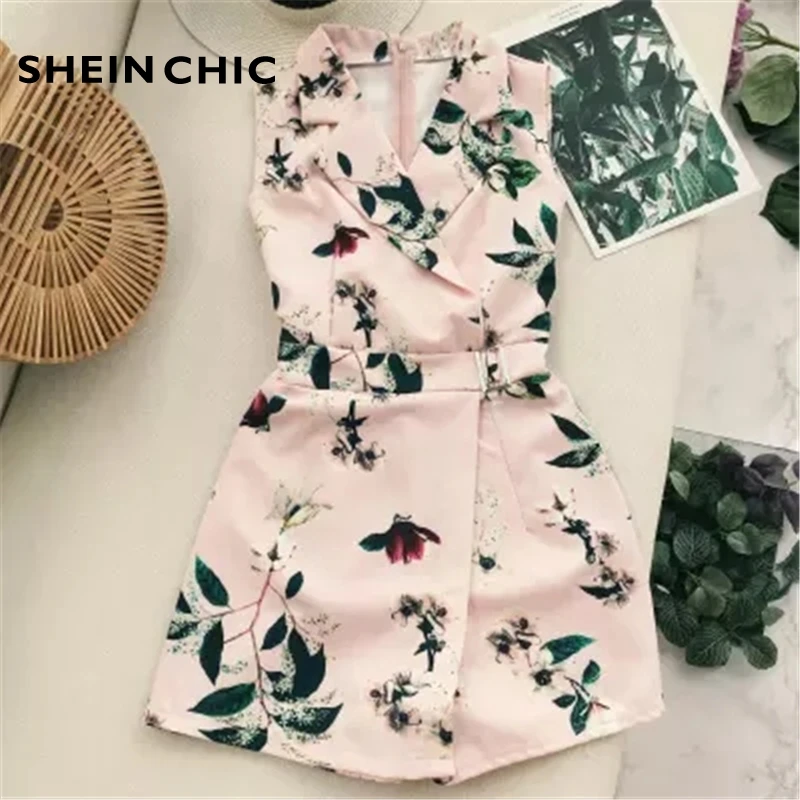 

2019 New Vintage Flora Printed Rompers Elegant Buckle Sashes Waist Short Playsuits Women Turn Down Collar Sleeveless Jumpsuit