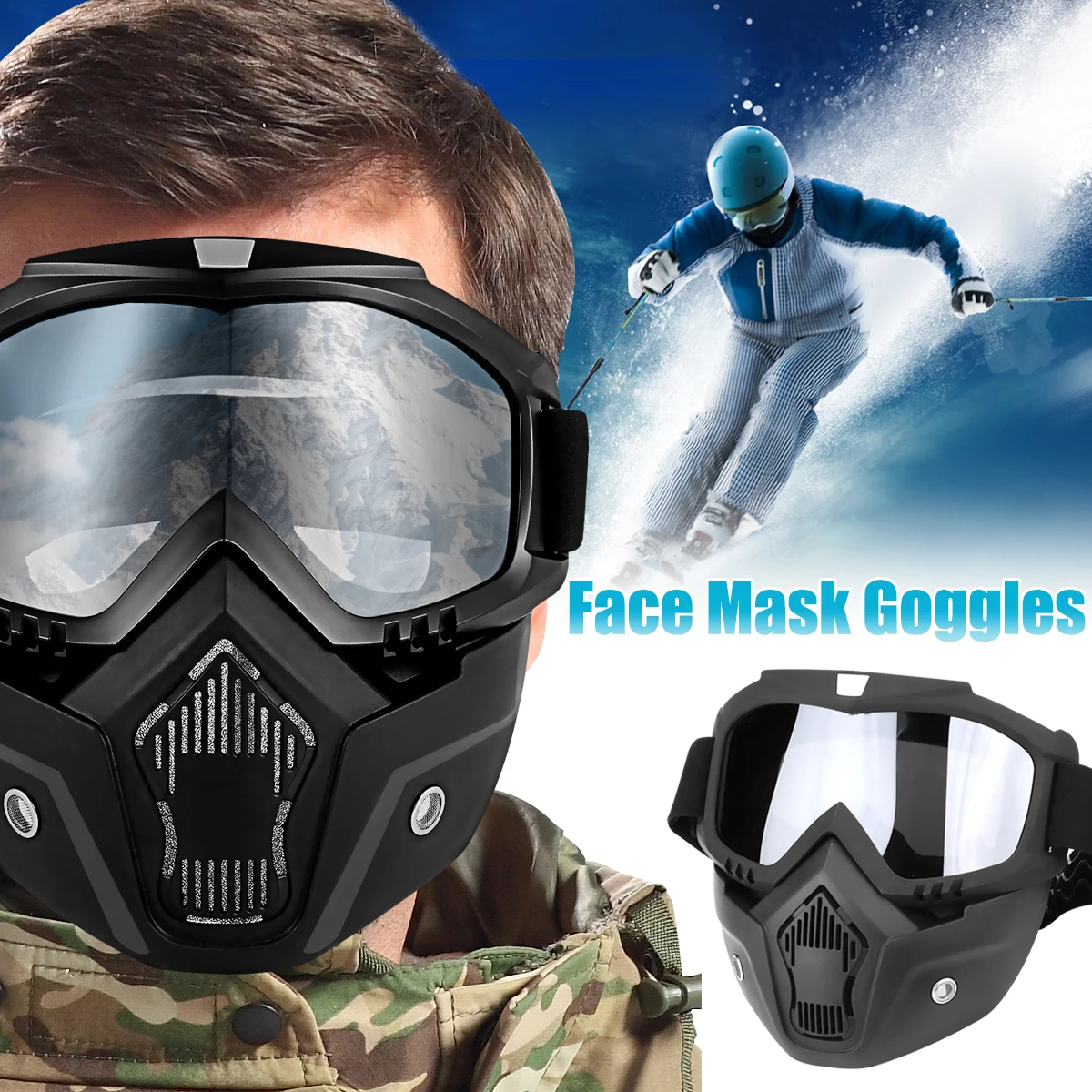 

Motocross Face Mask Detachable Goggles Windproof Ski Motorcycle UV Protection Dustproof for All Face Types Anti-fog Snowboard