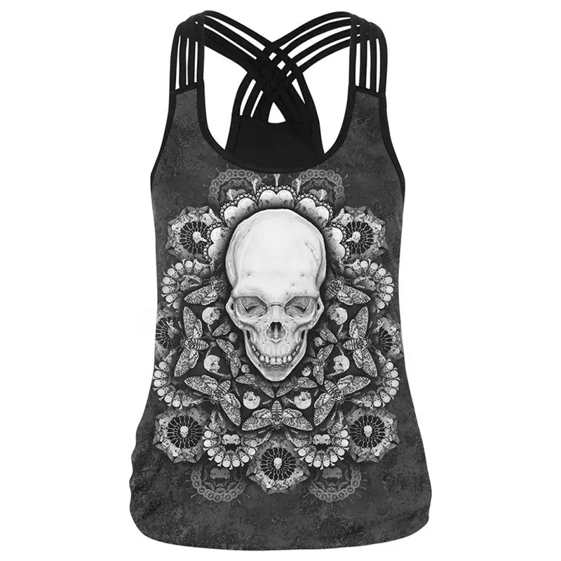 Women Tank Top Black Skull Flower Print Goth Fashion New Summer