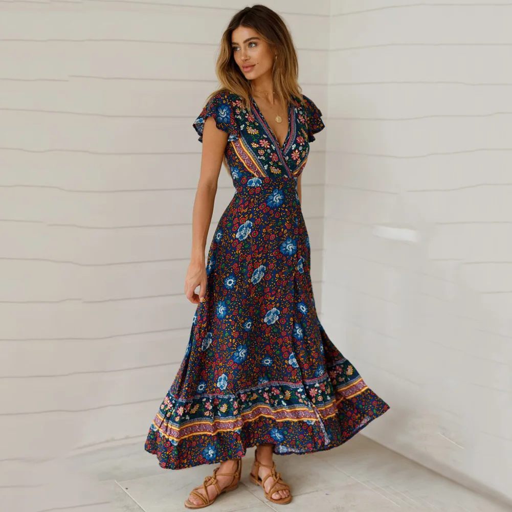 2019 Summer Dress Women Fashion Printing V-neck Short Sleeve Woman Bohemian A-Line Long Dresses Beach Sexy N57 | Женская одежда